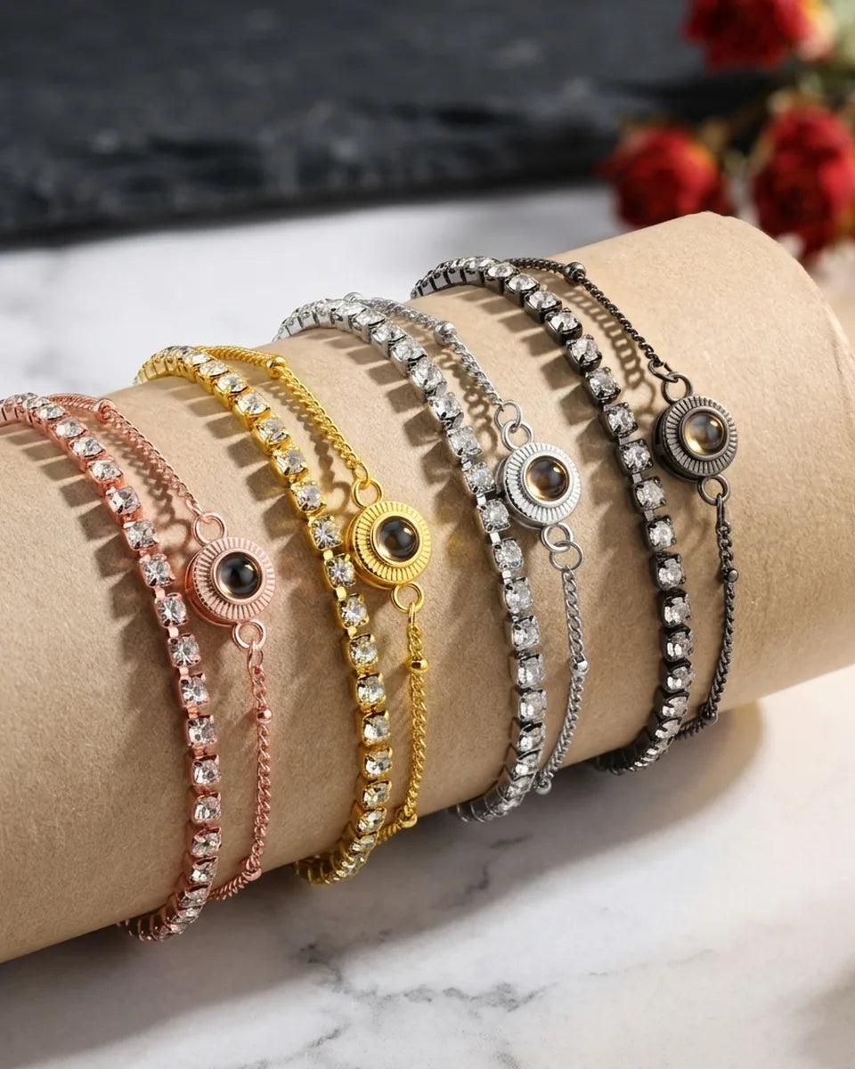 Armband mit Bild – doppellagiges Design, rhodiniert mit Zirkon, Bild im Stein, Geschenk für Sie
