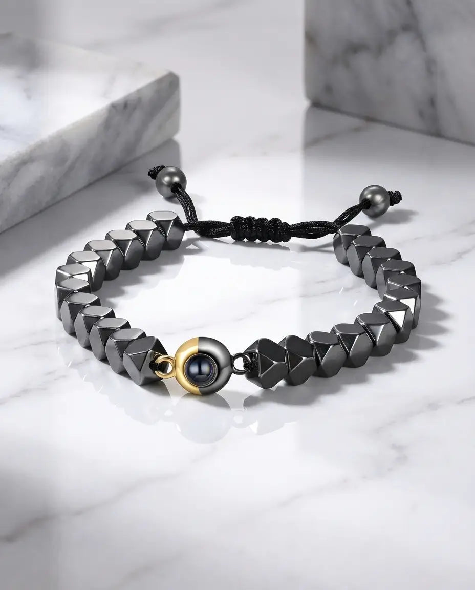 Armband mit Bild im Stein – Hämatit-Perlen mit verstecktem Foto, unisex Naturstein-Andenken, Geschenk für Sie und Ihn