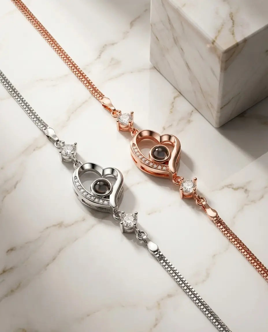 Armband mit Bild im Stein – Herz-Anhänger mit Doppelkette, verstecktes Foto, Geschenk für Sie & deine Freundin