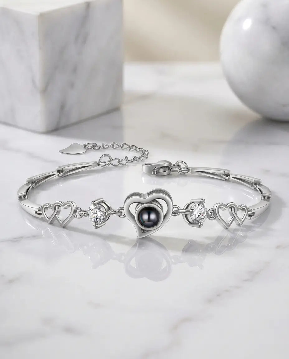 Armband mit Bild im Stein – Herz mit Kristallen, verstecktes Foto, ineinandergreifende Herz-Glieder, Geschenk für Sie