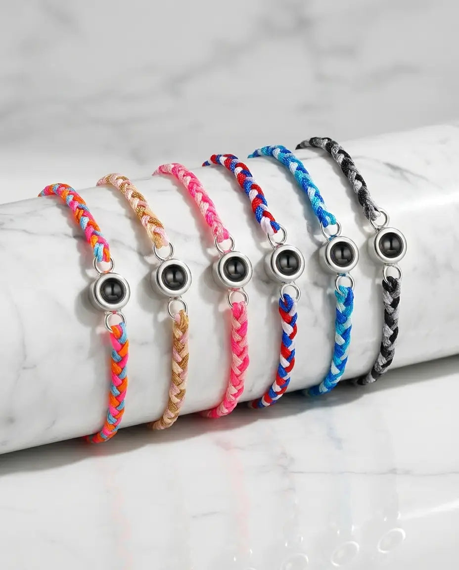 Armband mit Bild im Stein – geflochtenes Seil, verstecktes Foto im rhodinierten Anhänger, Geschenk für Sie & Ihn