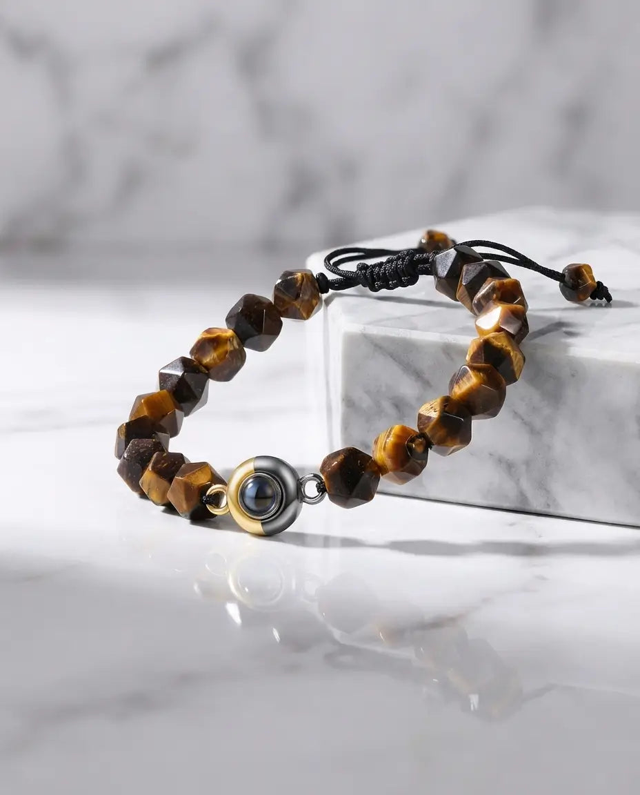 Armband mit Bild – echtes Tigerauge, facettierte 10-mm-Perlen, Unisex, Geschenk für Sie & Ihn