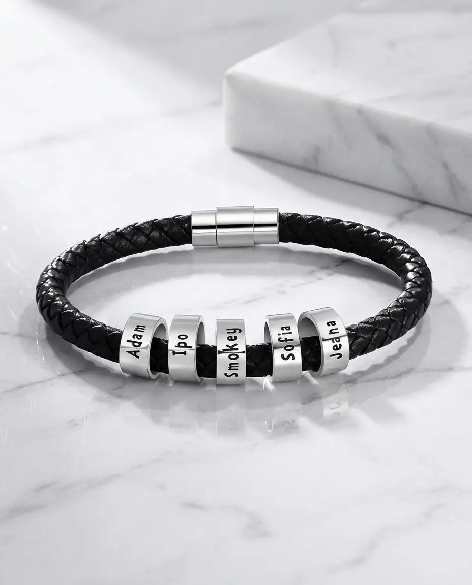 Armband mit Gravur für Herren – geflochtenes Band mit 1-5 gravierten Namensperlen, Geschenk für Ihn, Papa, Vatertag