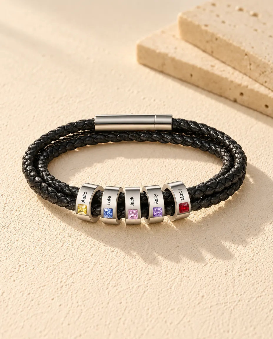 Armband mit Gravur für Herren - Version mit 5 Namen und Geburtssteinen