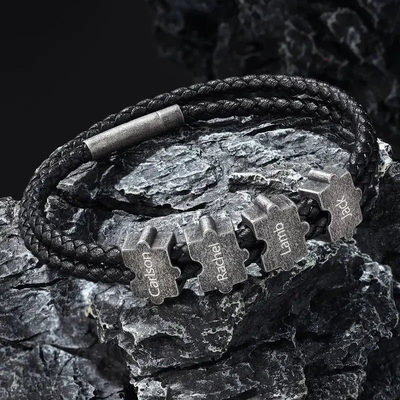 Armband mit Gravur für Männer – personalisierte Puzzle-Perlen, Leder & Edelstahl, Geschenk für Ihn, Papa, Freund