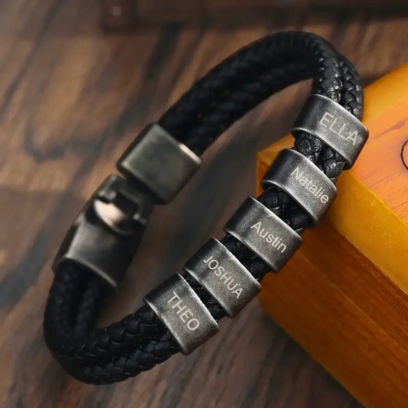 Armband mit Gravur für Männer – 2-5 gravierte schwarze Perlen, Edelstahl, Geschenk für Ihn, Papa, Geburtstag