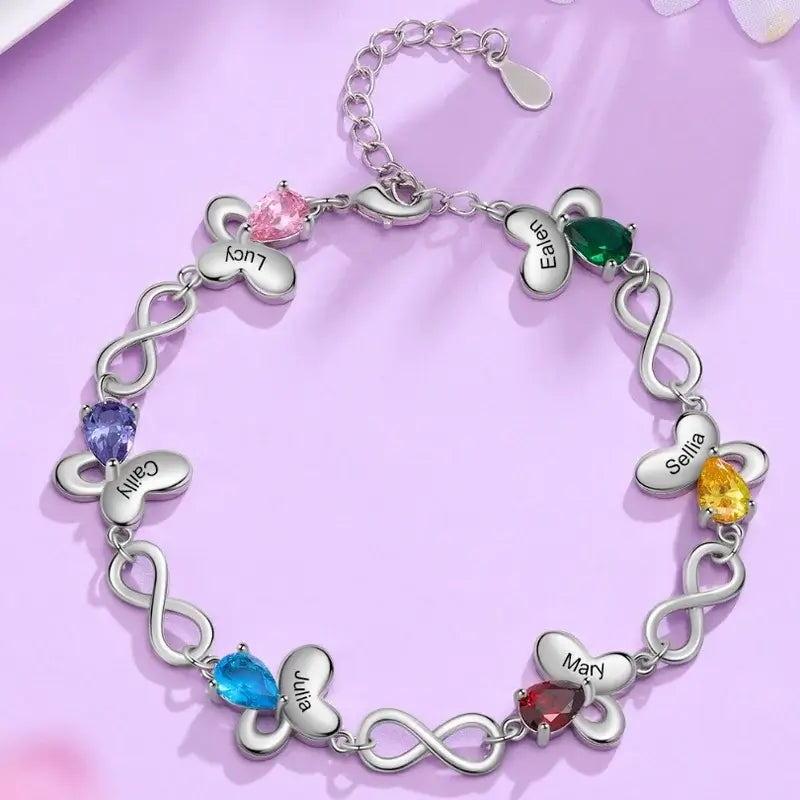 Armband mit Gravur – Schmetterling & Infinity, bis zu 6 Geburtssteine, personalisierter Name, Geschenk für Sie & Mama