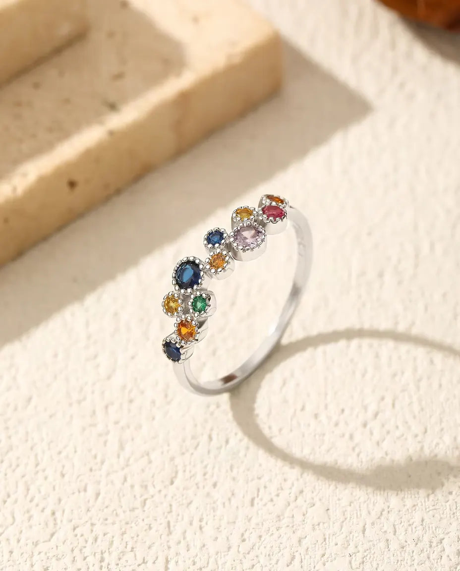 Bunter Zirkonia Ring - Steine in Blau, Gelb, Grün und Rosa mit Milgrain-Fassung, 925 Sterlingsilber, US-Grössen 5 bis 9
