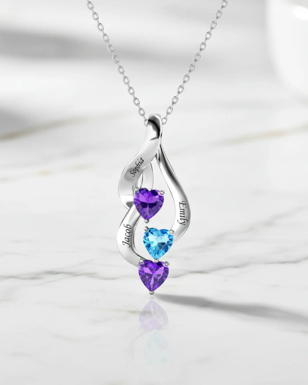 Geburtsstein Kette – 925er Sterlingsilber, 3 Herz-Geburtssteine mit gravierten Namen, Geschenk für Mama, Muttertag