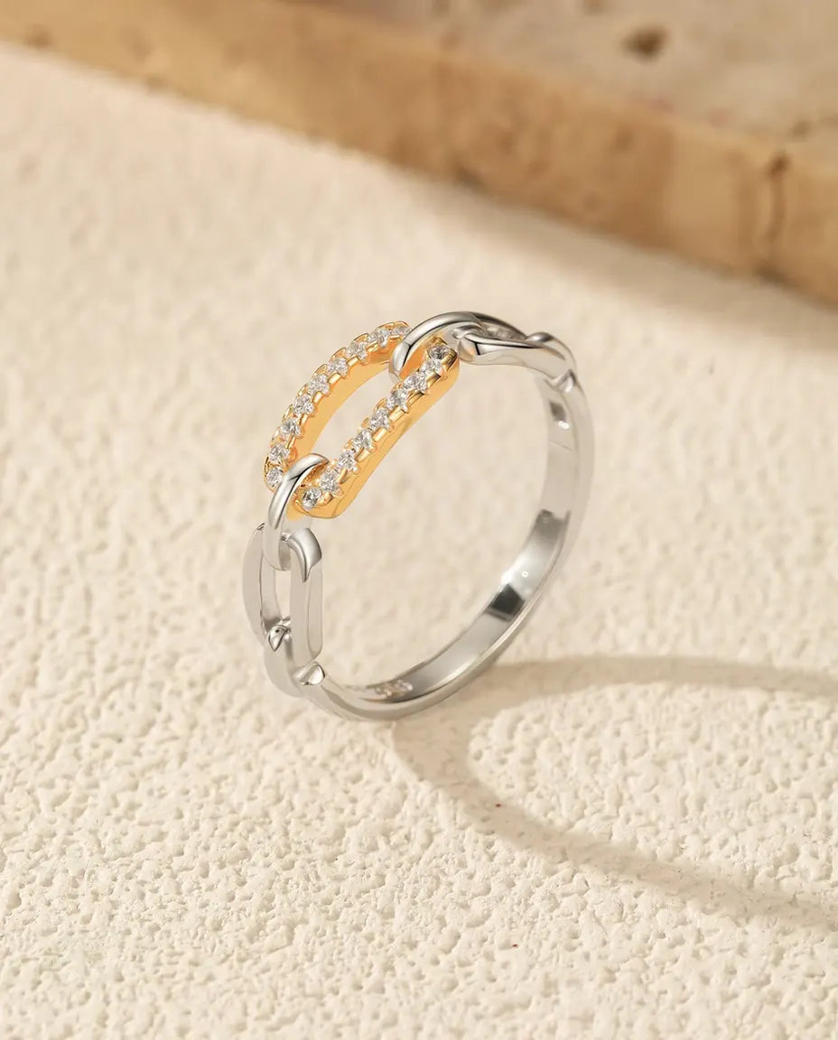 Gliederketten Ring bicolor - vergoldeter Pavé Steg zwischen Silbergliedern, Grössen 5 bis 9, 925 Sterlingsilber