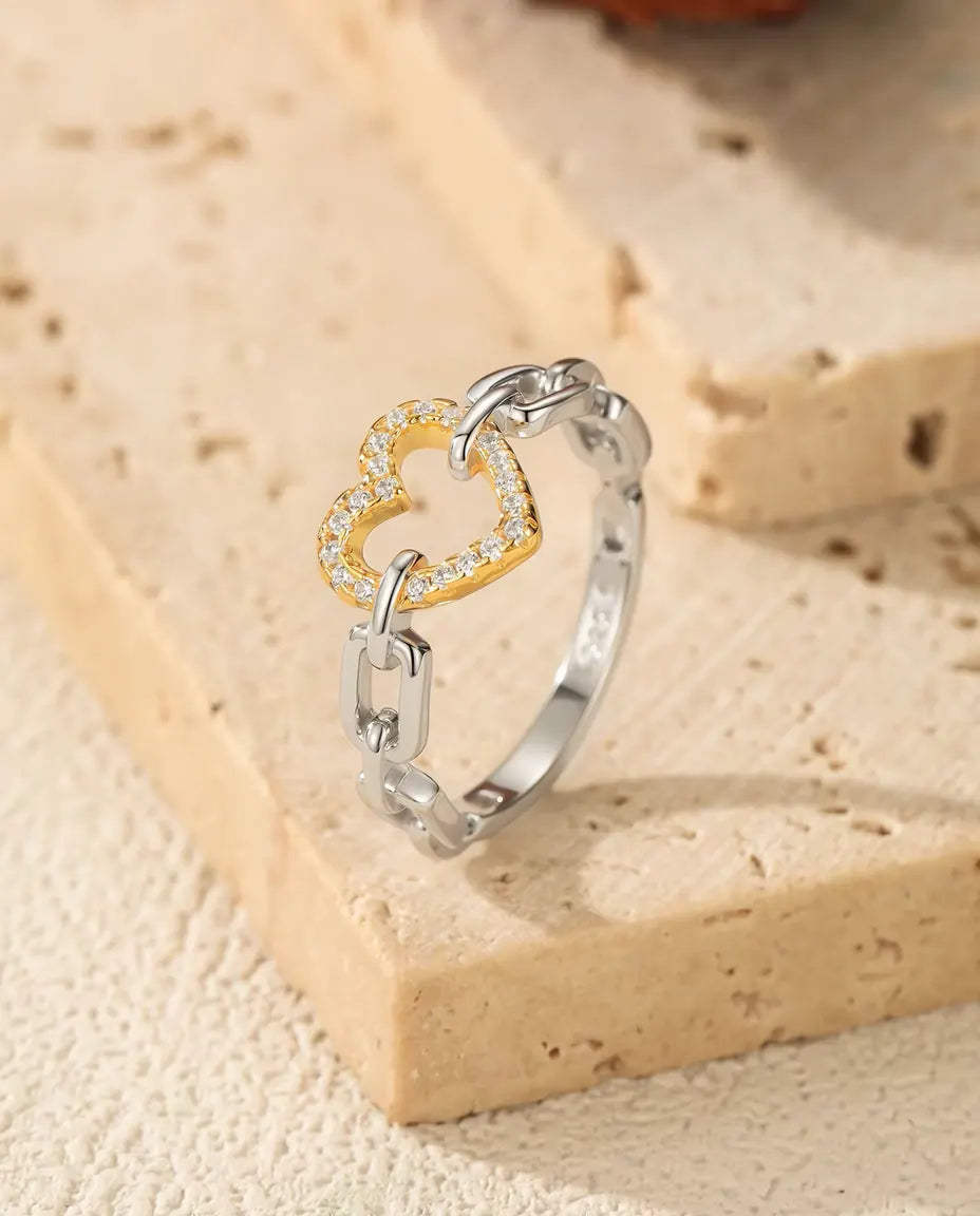 Herz Ring in Bicolor - offenes Herz in Goldton auf Gliederband, Grössen 5 bis 9, 925 Sterlingsilber