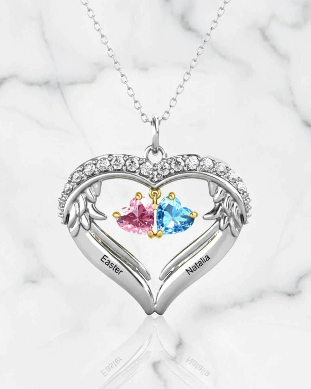 Kette mit Gravur für Mama – Flügelherz aus 925er Sterlingsilber, 1-6 Namen & Geburtssteine, Geschenk für Sie