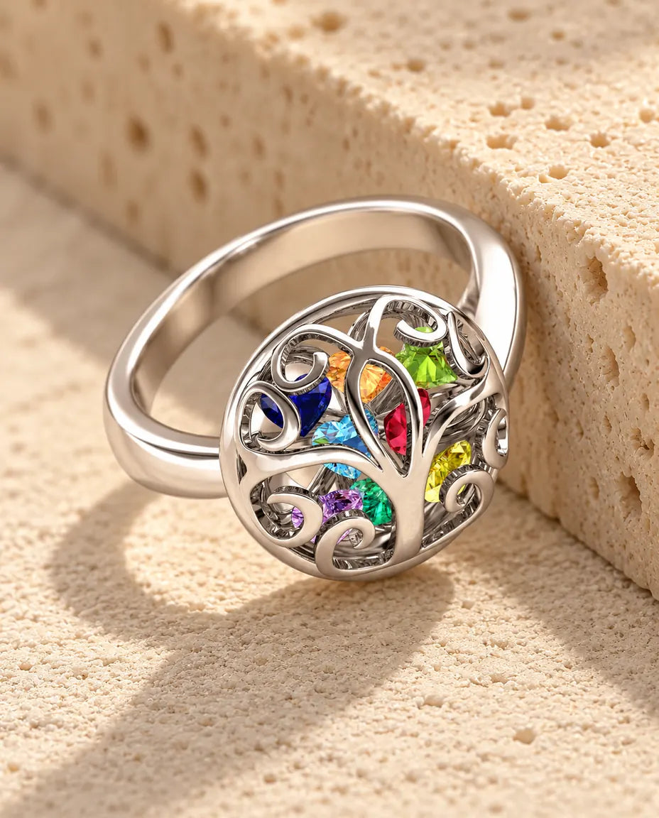Personalisierter Lebensbaum Ring mit 9 Geburtssteinen - Familienring mit Innengravur - in Sterlingsilber