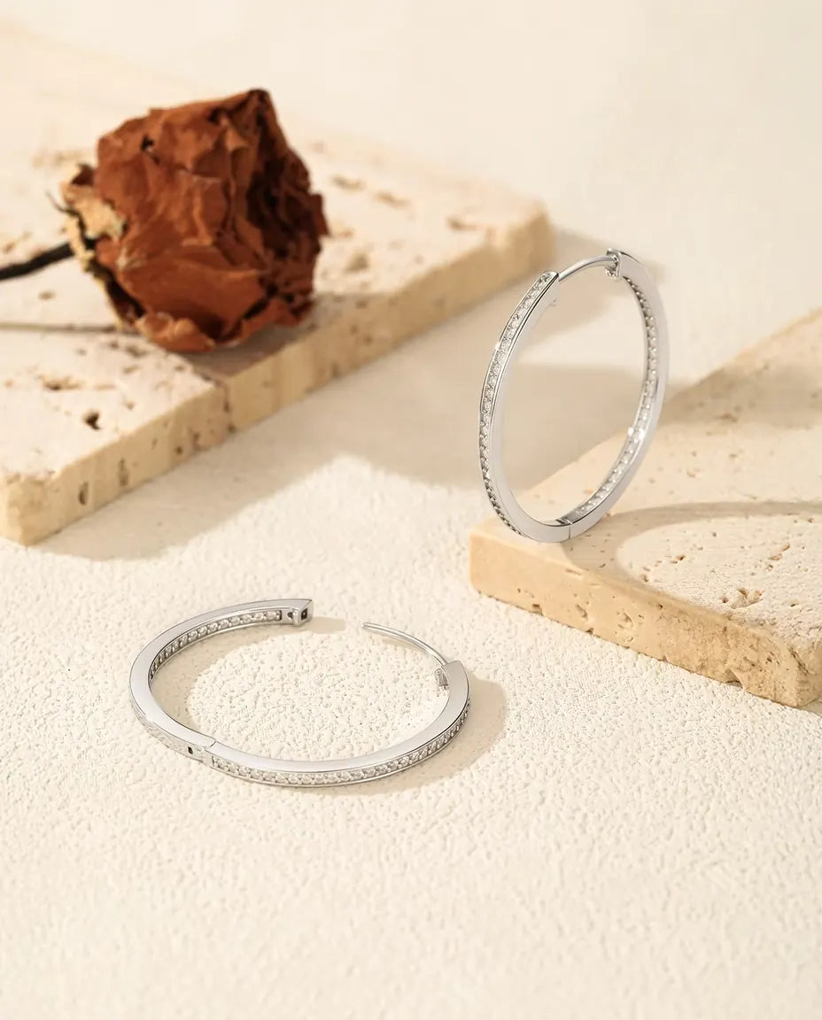 Moissanit Creolen 32 mm - 110 Steine innen gefasst, 0,88 ct in D-Farbe, 925 Sterlingsilber