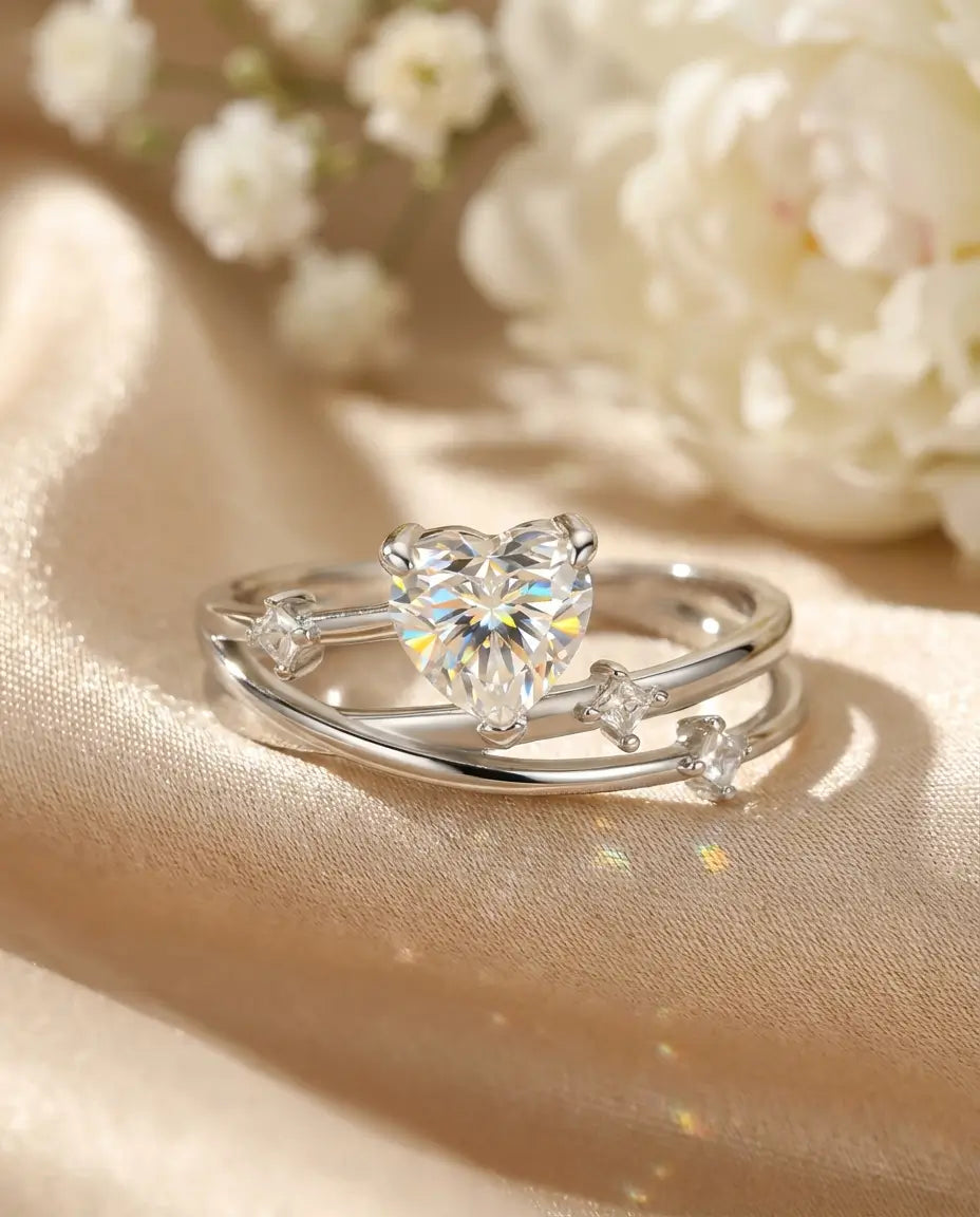 Moissanit Ring – 0,8ct im Herz-Schliff, mehrlagige Crossover-Ringschiene aus 925er Sterlingsilber, Geschenk für Sie