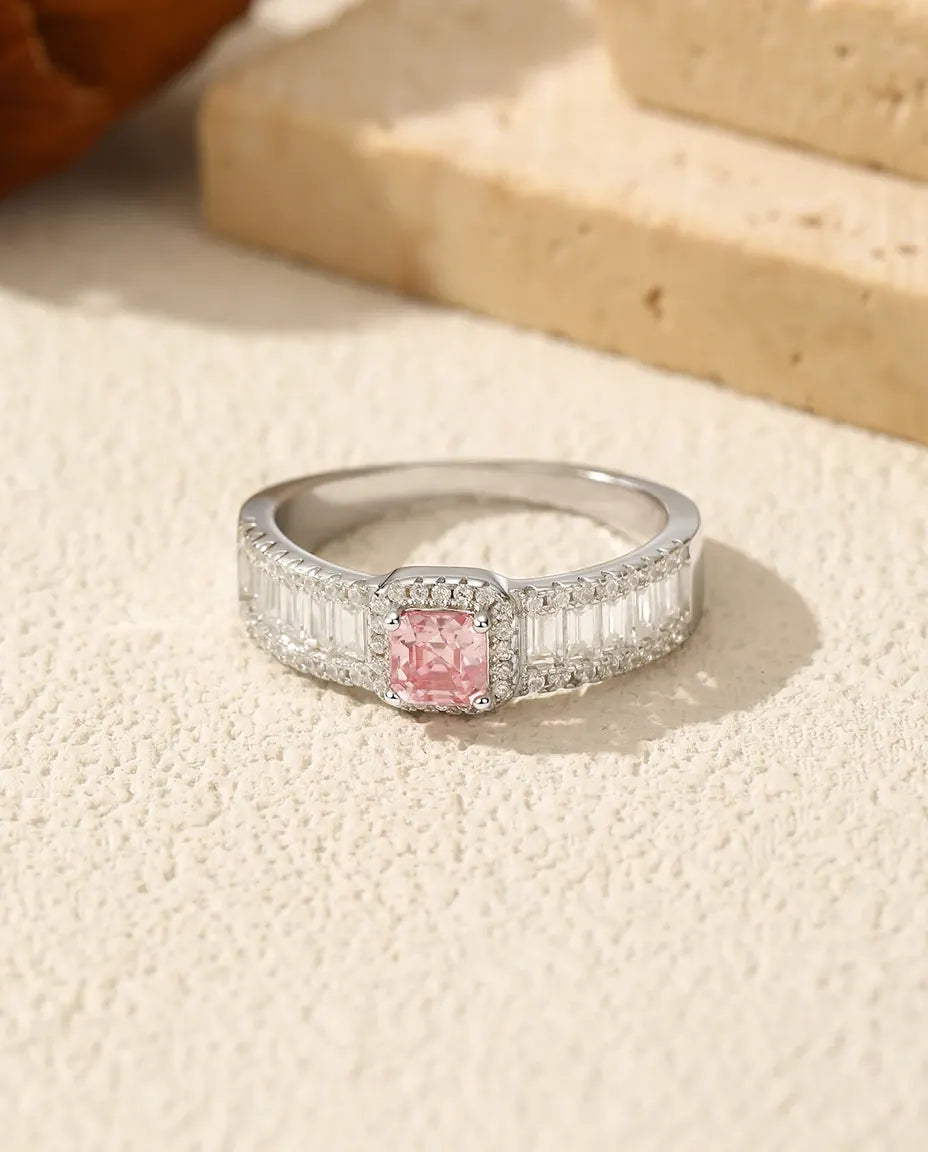 Moissanit Ring – 0,4 ct rosa Stein im Asscher-Schliff mit Halo, 925er Sterlingsilber, funkelndes Geschenk für Sie