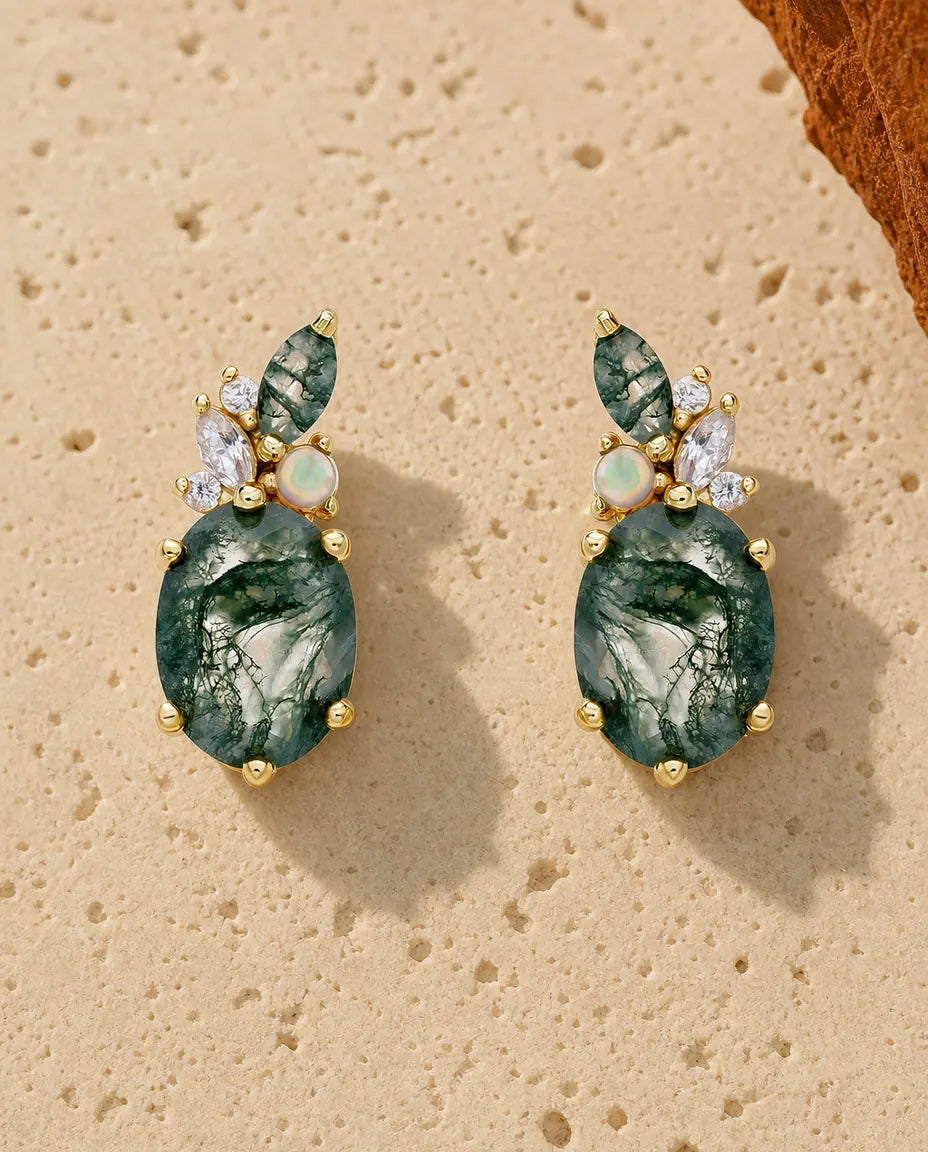 Moosachat Ohrstecker - Ovaler grüner Moosachat mit Opal und Zirkonia, 925 Sterlingsilber mit 10K Goldauflage, Geschenk für sie