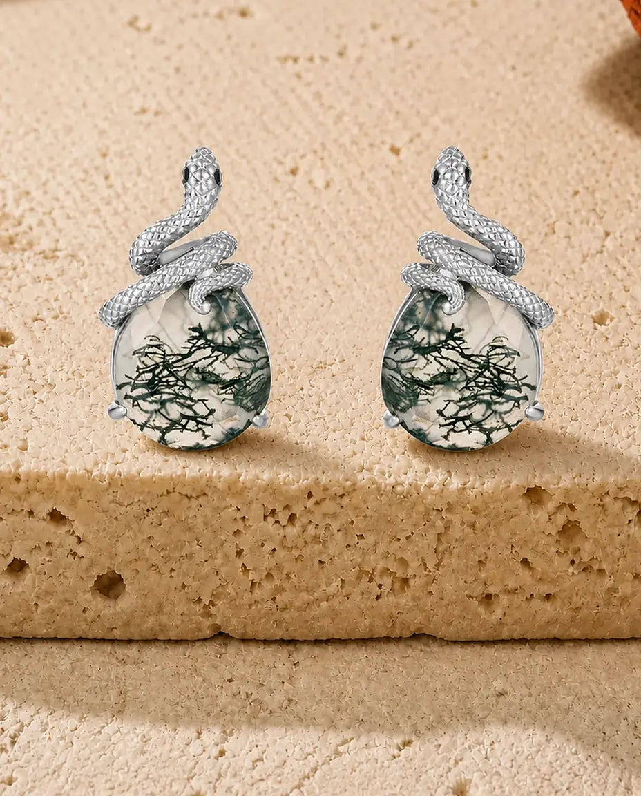 Moosachat Ohrstecker - Schlange um Tropfen-Cabochon aus Moosachat, 925er Sterlingsilber, Geschenk für sie