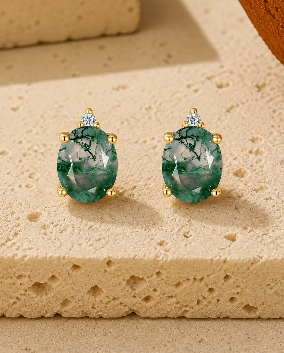 Moosachat Ohrstecker - Ovaler grüner Moosachat mit einzelnem Zirkonia, 925 Sterlingsilber mit 10K Goldauflage, Geschenk für sie