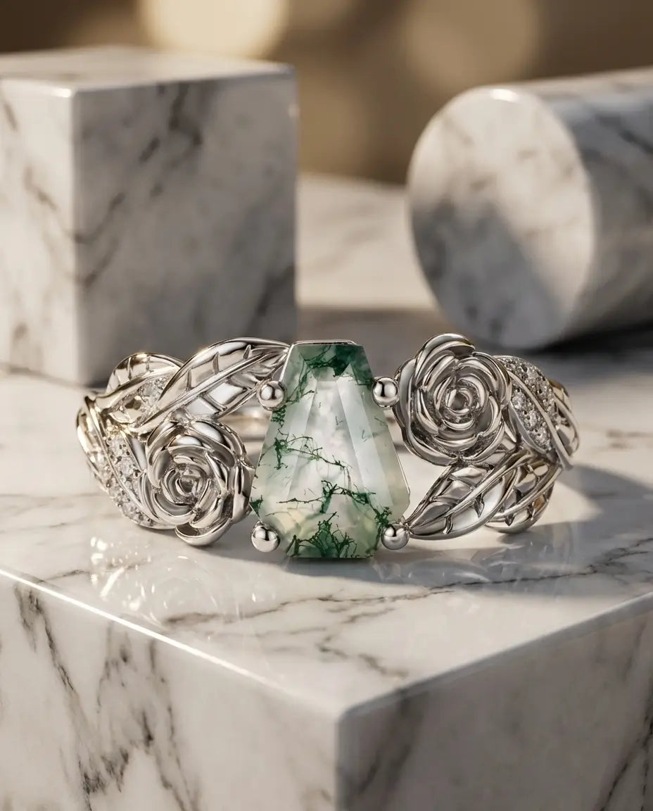 Moosachat Ring – Coffin-Schliff mit Vintage-Rosen- und Blattdesign, 925er Sterlingsilber, Geschenk für Sie