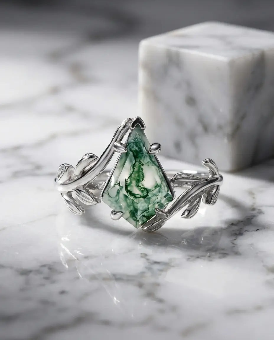Moosachat Ring – Blatt-Design in 925er Sterlingsilber, Drachen-Schliff, Naturstein Geschenk für Sie