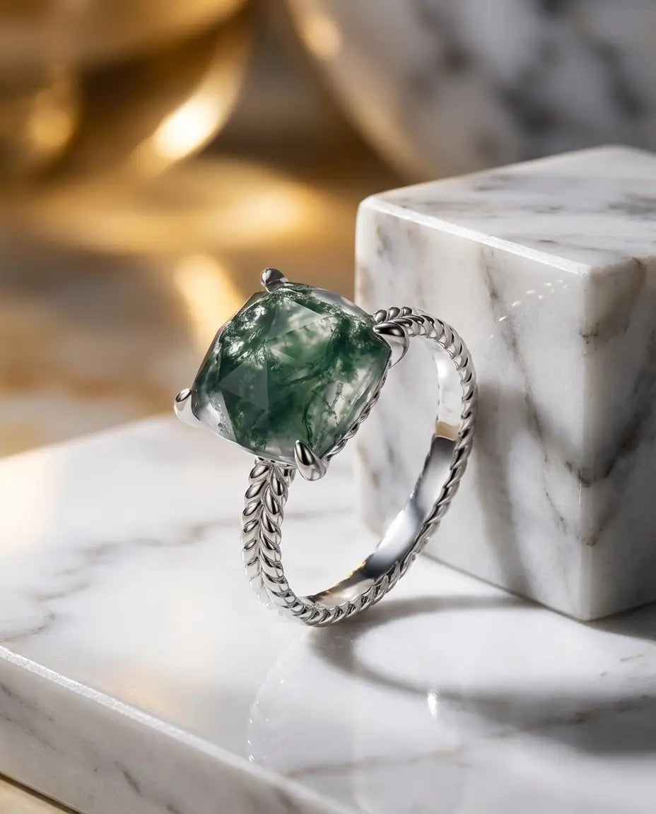 Moosachat Ring – 10x10 mm Kissenschliff auf gedrehtem Kordelband, 925er Sterlingsilber, Geschenk für Sie