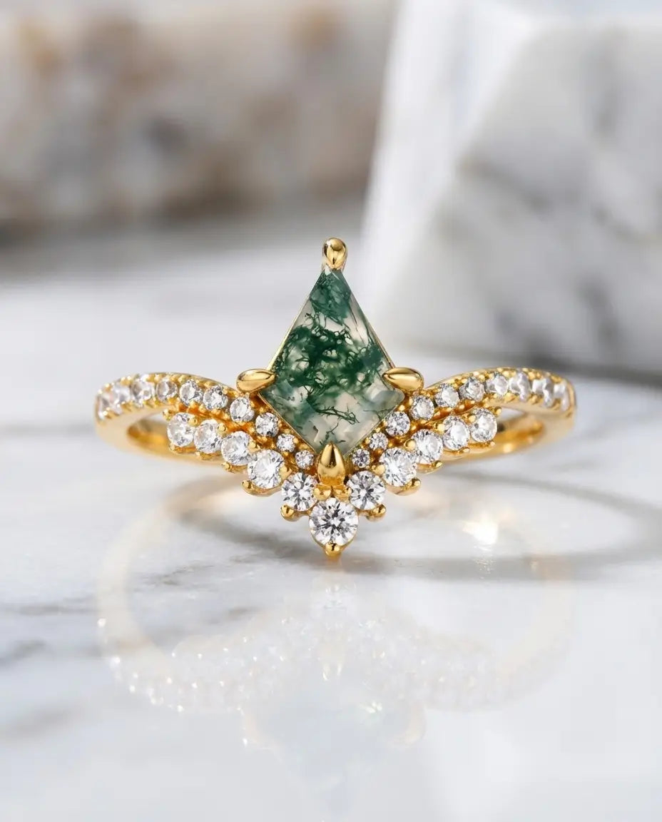 Moosachat Ring – Art-déco-Design im Kite-Schliff, 925er Sterlingsilber teilvergoldet, grüner Naturstein, Geschenk für Sie