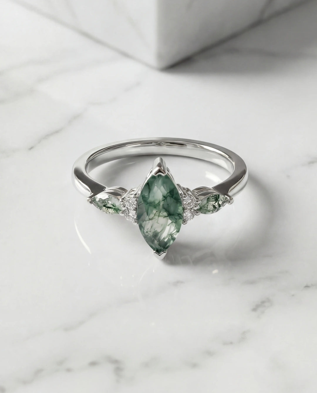 Moosachat Ring – Marquise-Schliff, Vintage-Verlobungsring aus 925er Sterlingsilber, grüner Naturstein, Geschenk für Sie