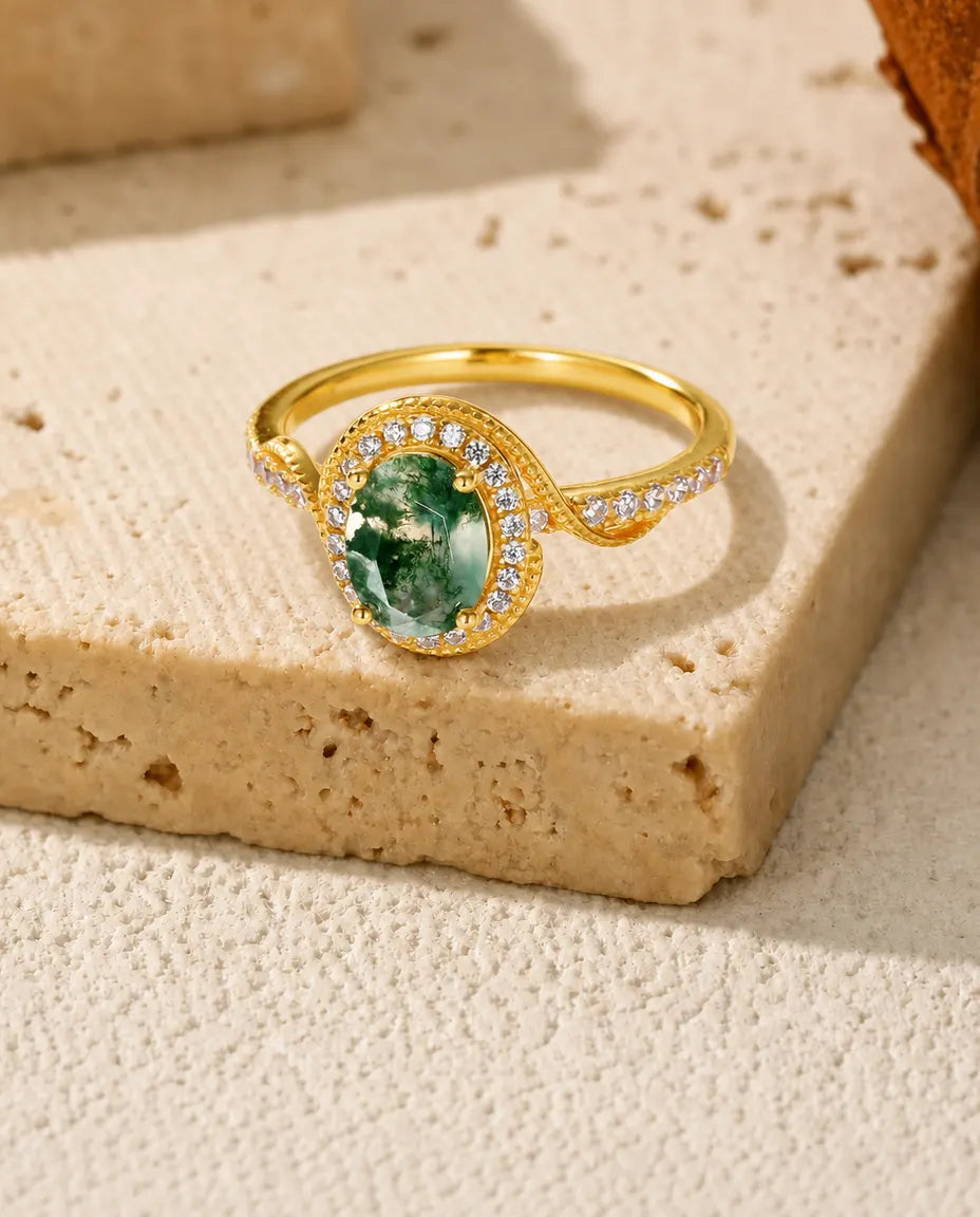 Moosachat Ring – Oval im Rosenschliff mit Milgrain-Halo, 10K vergoldetes 925er Sterlingsilber, Vintage-Ring für Damen