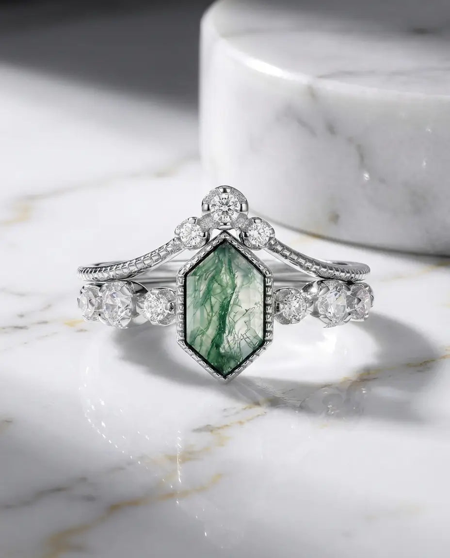 Moosachat Ring Set – Verlobungsring & Ehering im Art-Deco-Stil, 925er Sterlingsilber mit Milgrain, Geschenk für Sie