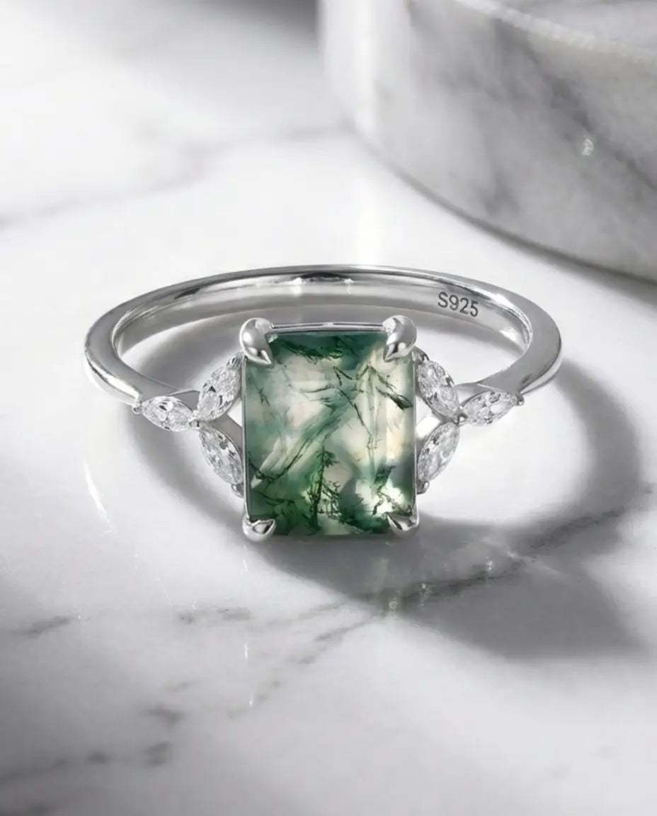 Moosachat Ring – 925er Sterlingsilber im Vintage-Blattdesign, Smaragdschliff, Verlobungsring & Geschenk für Sie