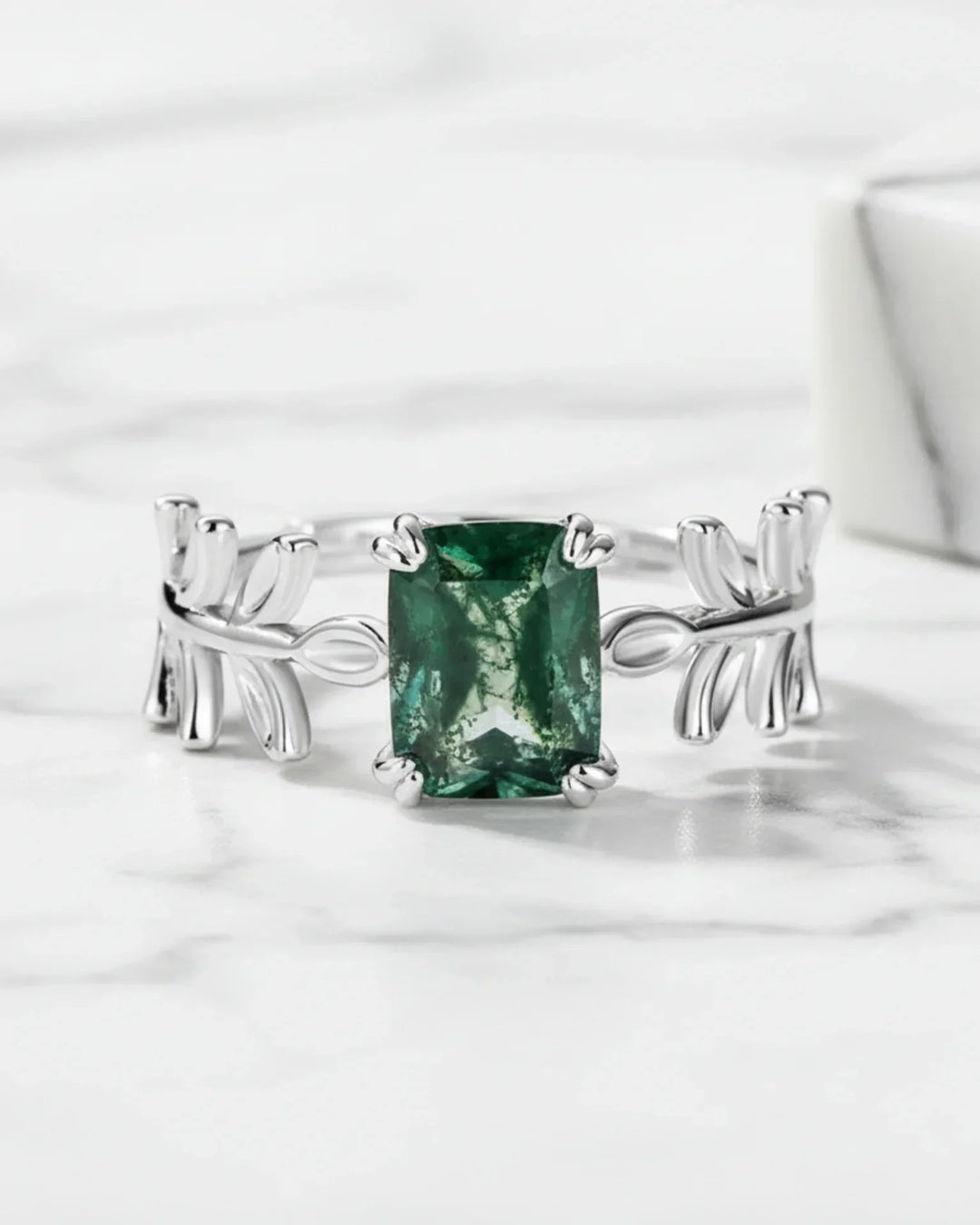 Moosachat Ring – Smaragdschliff mit Blatt-Design, 925er Sterlingsilber, Verlobungsring und Geschenk für Sie