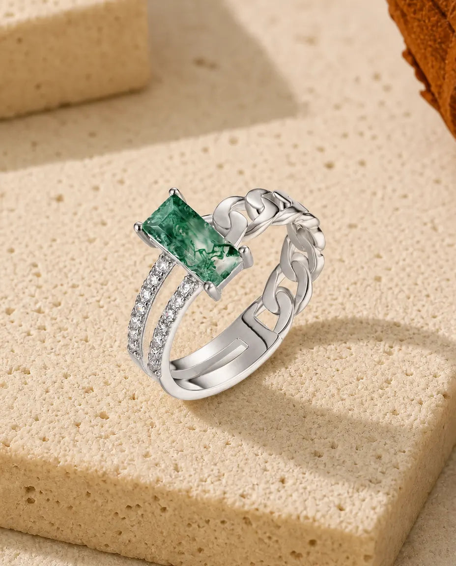 Moosachat Ring – Naturstein im Smaragdschliff quer gefasst, Band aus Panzergliedern und doppeltem Pavé, 925er Sterlingsilber, Statement-Ring für Damen