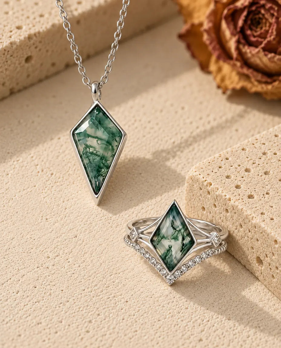 Moosachat Ring & Kette Set - das komplette Set