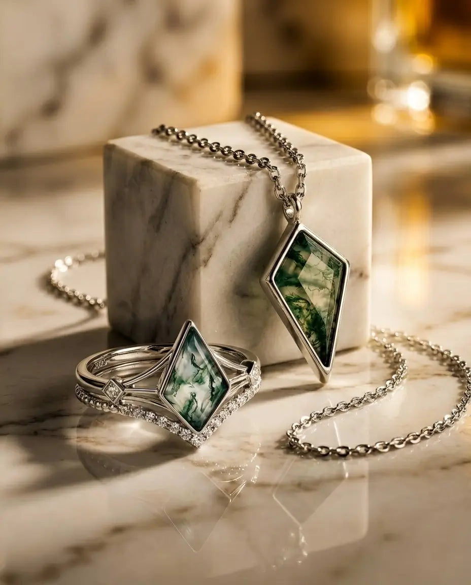 Moosachat Ring & Kette Set – Kite-Schliff im Vintage-Stil, 925er Sterlingsilber, grünes Edelstein-Set als Geschenk für Sie