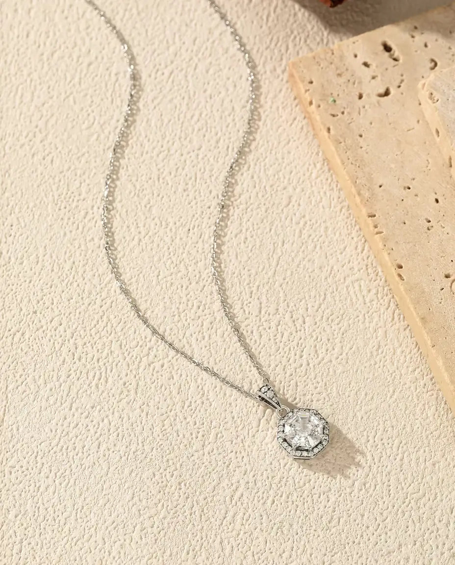 Oktagon Halo Kette - Zirkonia im Treppenschliff mit Pavé Kranz, 40+5 cm, 925 Sterlingsilber