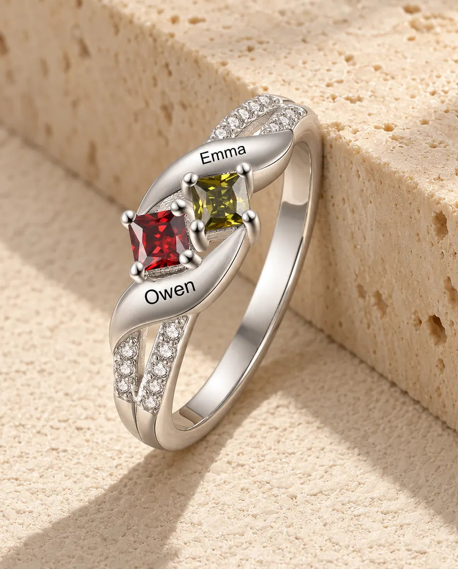 Personalisierter Ring mit 2 Namen und 2 Geburtssteinen - 925 Sterlingsilber Ring für Paare oder Mama mit Gravur