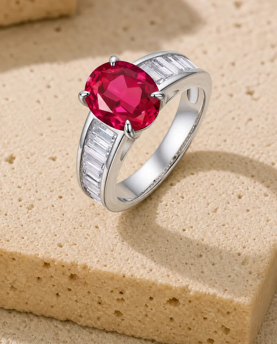 Rubin Ring – ovaler Labor-Rubin mit Baguette-Schultern, 925er Sterlingsilber, Statement-Ring für Damen, Geburtsstein Juli
