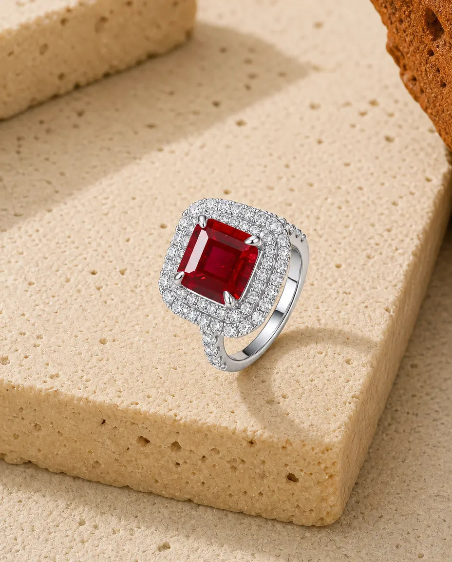 Rubin Ring – roter Labor-Rubin im Quadratschliff mit doppeltem Halo, 925er Sterlingsilber, Juli-Geburtsstein, Statement-Ring für Damen