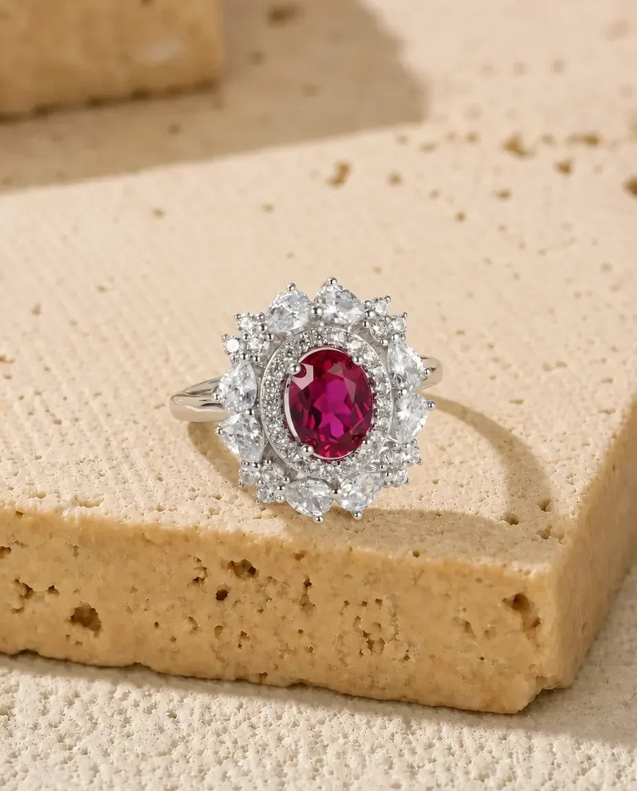 Rubin Ring – ovaler Labor-Rubin mit Vintage-Halo, grössenverstellbar, 925er Sterlingsilber, Geburtsstein Juli