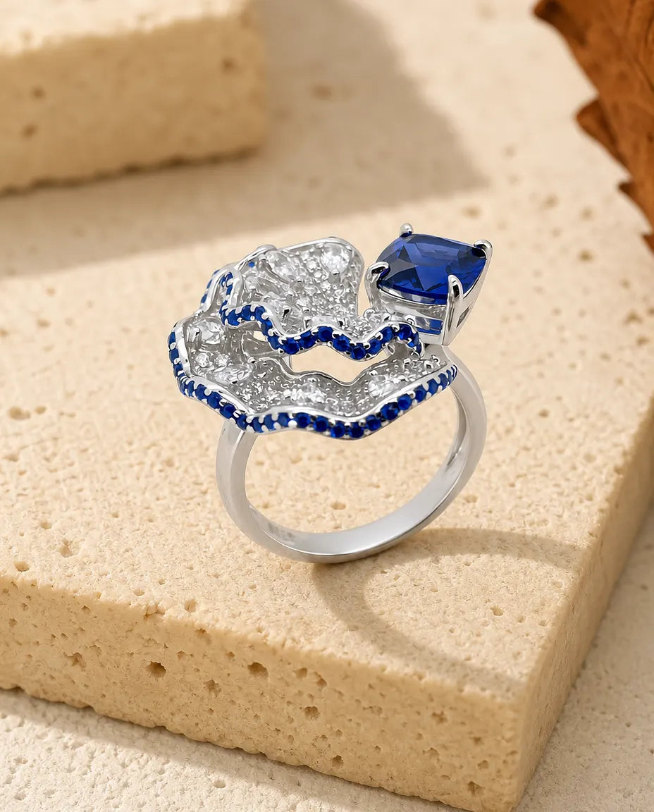 Saphir Ring – Fächer-Statement mit Labor-Saphir, 925er Sterlingsilber, September-Geburtsstein, Geschenk für Sie