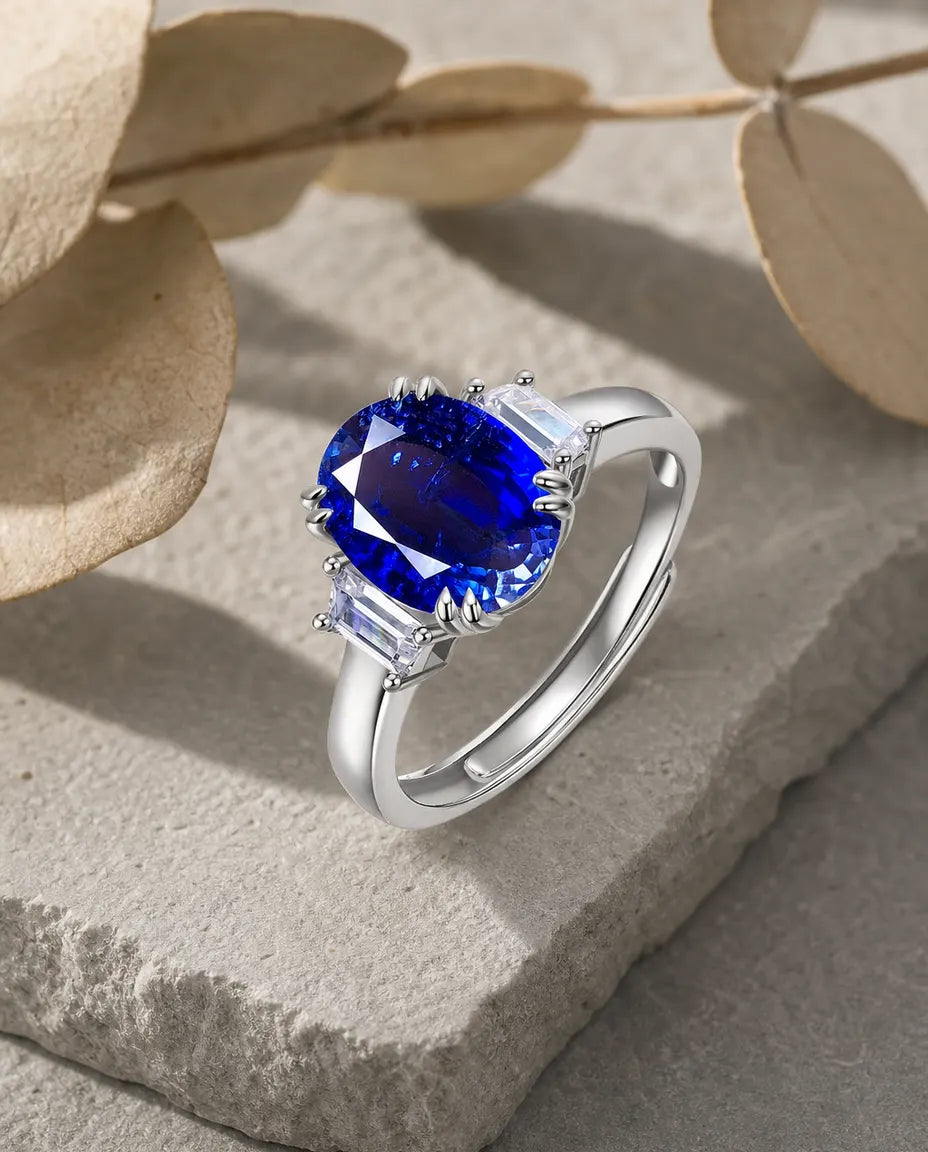 Saphir Ring – grosser ovaler Labor-Saphir mit Baguette-Schultern, 925er Sterlingsilber, Statement-Ring für Damen, Geburtsstein September