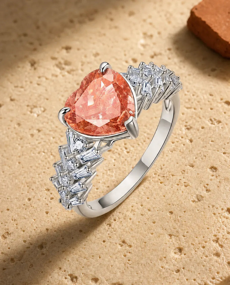 Saphir Ring – rosa Labor-Saphir im Herz-Schliff mit Baguette-Kaskade, Vintage-Cocktailring aus 925er Sterlingsilber