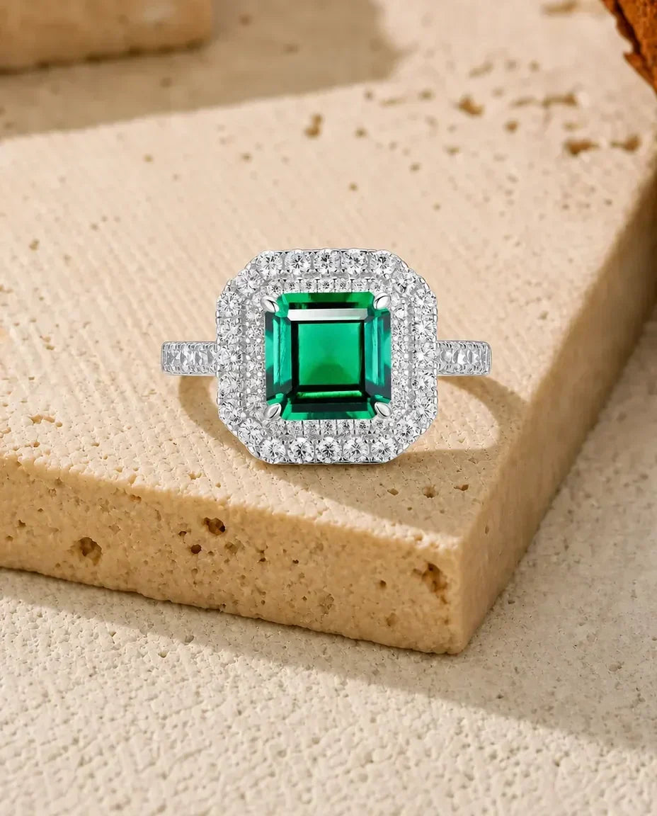 Smaragd Ring – Doppel-Halo Statement-Ring mit quadratischem grünem Stein, im Labor gezüchteter Smaragd, 925er Sterlingsilber