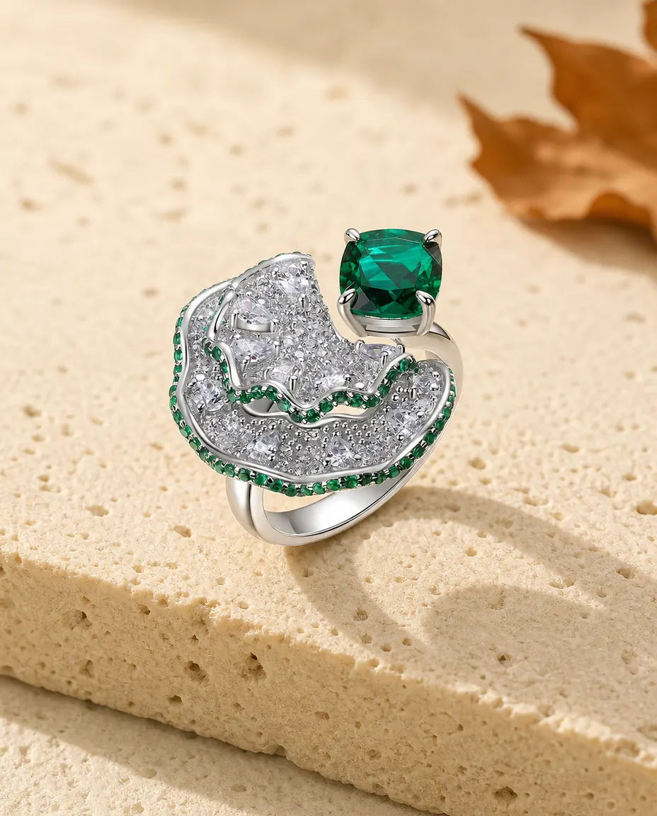 Smaragd Ring – Labor-Smaragd mit Pavé-Fächer, 925er Sterlingsilber, Statement-Ring für Damen, Geburtsstein Mai