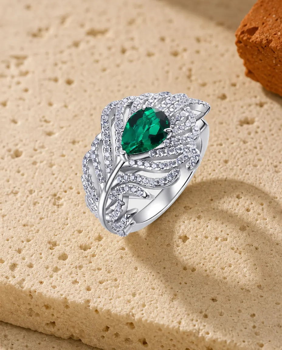 Smaragd Ring – Labor-Smaragd oval mit Federflügel-Design, Statement-Ring aus 925er Sterlingsilber, Geschenk für Sie