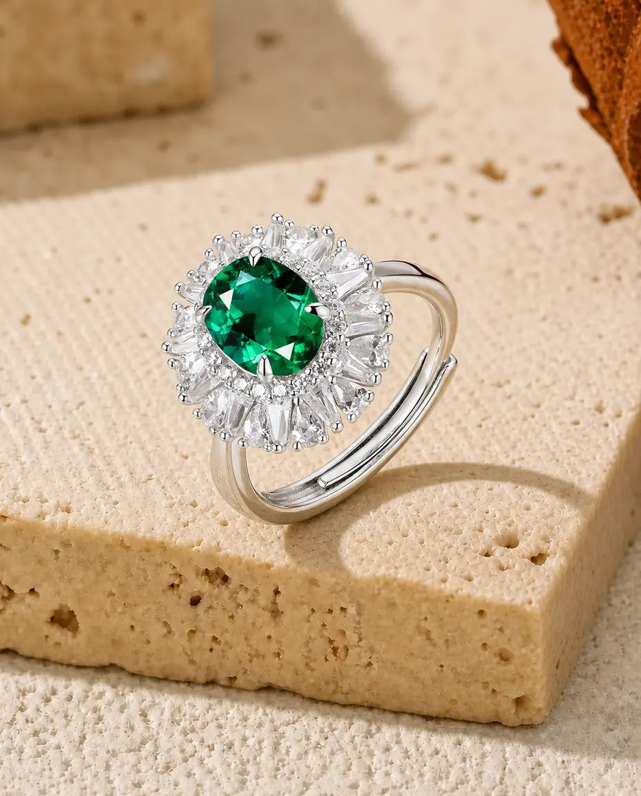 Smaragd Ring – Ovaler Labor-Smaragd mit Halo, 925er Sterlingsilber, Geburtsstein Mai, Geschenk für Sie