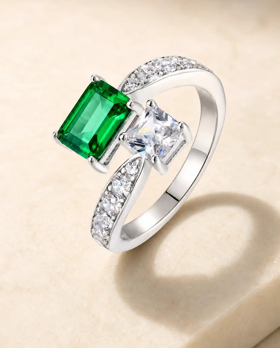Smaragd Ring – Toi-et-Moi Zweistein-Ring mit quadratischem Labor-Smaragd, grössenverstellbar, 925er Sterlingsilber für Damen