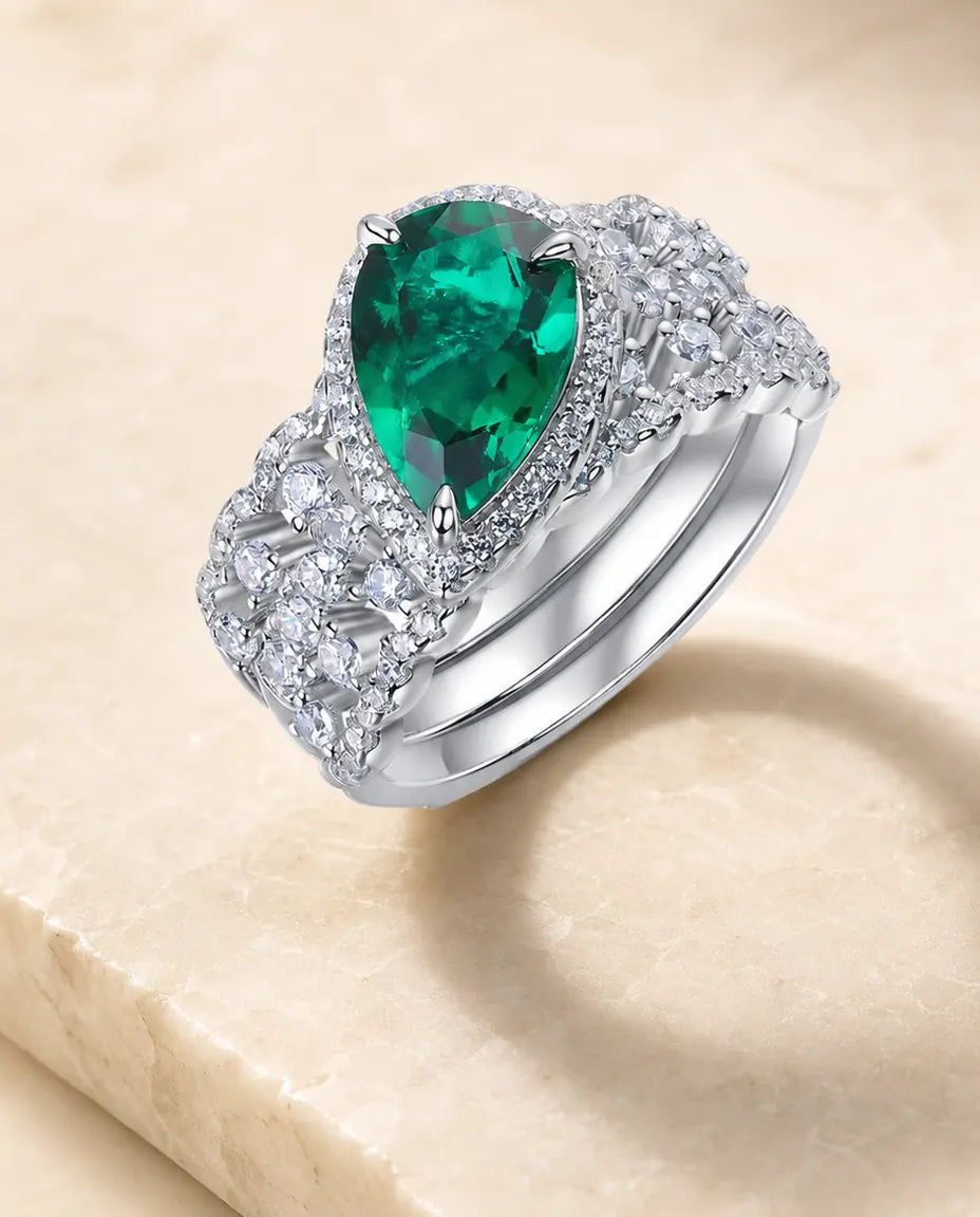 Smaragd Ring – zweiteiliges Halo-Brautring-Set mit Labor-Smaragd im Tropfenschliff, 925er Sterlingsilber, Ring für Damen