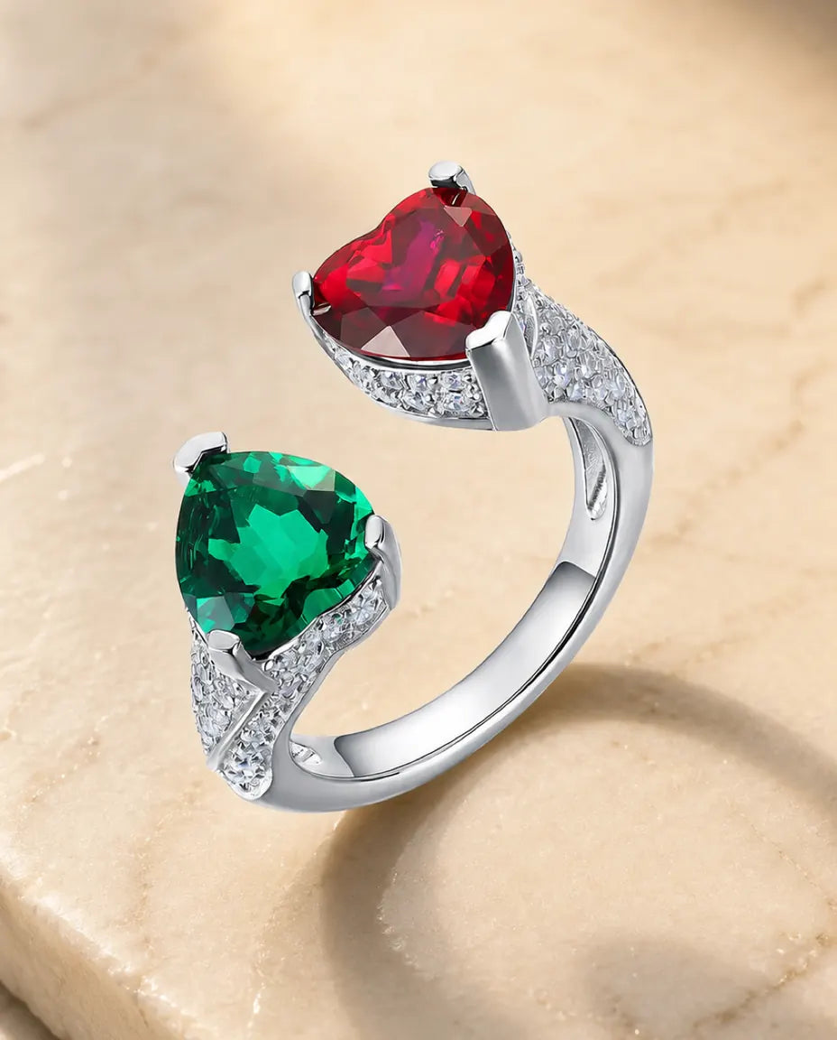 Smaragd Ring mit Rubin – Toi-et-Moi Doppelherz, im Labor gezüchtete Steine, grössenverstellbar, 925er Sterlingsilber, Geschenk für Sie